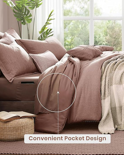 Monbix Full Size Comforter Set-7 Pieces Dusty Pink Cationic Dyeing Bed in a Bag Full Bedding Sets with Comforter, Sheets, Pillowcases & Shams, All Season Reversible Bedding Comforters