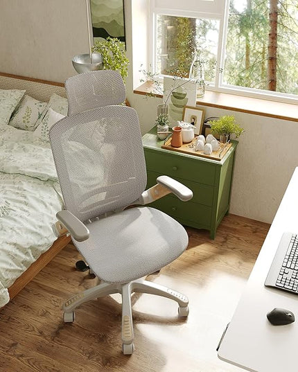 GABRYLLY Ergonomic Office Chair, High Back Home Desk Chair with Flip-Up Arms, Headrest, 90-120° Tilt and Wide Cushion, 400LBS White Mesh Chair for Work Gaming Study (GY01-NT, Woodgrain Pattern)