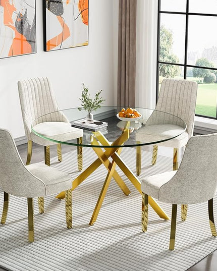 Round Glass Dining Table Set for 4, 47'' Clear Circular Kitchen Table and Chairs Set, 5PCS Modern Circle Dining Room Table Set with 4 Dining Chair for Home