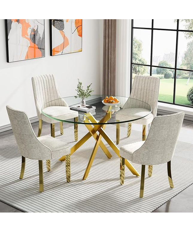 Round Glass Dining Table Set for 4, 47'' Clear Circular Kitchen Table and Chairs Set, 5PCS Modern Circle Dining Room Table Set with 4 Dining Chair for Home