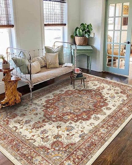 Washable Oriental Area Rug - 5x8 Rugs for Living Room Soft Carpet for Bedroom Waterproof Floral Distressed Indoor Stain Resistant Non-Shedding Floor Carpets (Red, 5x8)