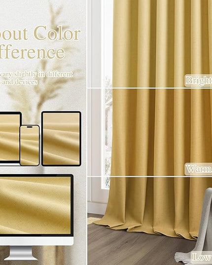 Guken Blackout Curtains 108 Inch Length 2 Panels Set for Living Room Bedroom Back Tab Thermal Insulated 100% Black Out Linen Drapes Room Darkening Window Curtains 108 Inches Long,Gold