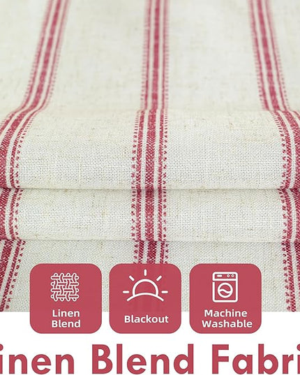 DriftAway Farmhouse Linen Blend Blackout Curtains 54 Inches Long for Bedroom Vertical Striped Printed Linen Curtains Thermal Insulated Lined Treatments for Living Room 2 Panels W52 x L54 Linen Red