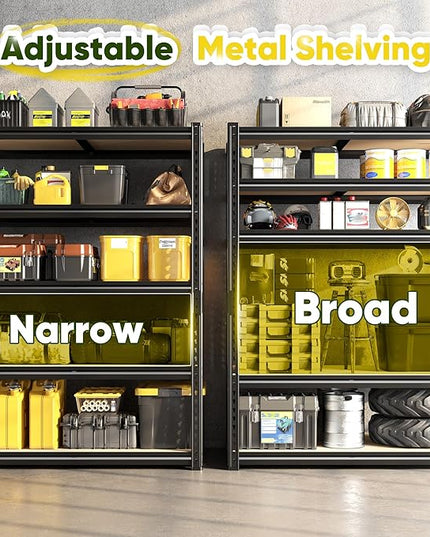 72" H Garage Shelving, 5 Tier Storage Shelves Load 2500 lbs, Adjustable Garage Shelves, Metal Shelving Unit for Warehouse, Basement, Pantry, 40" Wx 16" D x 72" H, Black