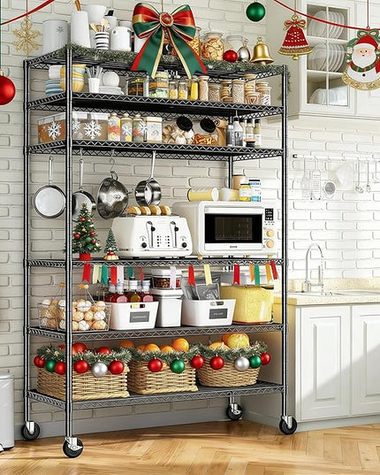 82" H X45 W X18 D Wire Shelving Unit, 6 Tier Adjustable Storage Shelves with Wheels 1200LBS Metal Shelving for Restaurant Garage Pantry Kitchen Closet Commercial,Black