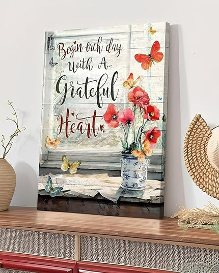Red Flower Canvas Wall Art Retro Farmhouse Butterfly Poppy Painting Picture Wall Decor Modern Blossom Begin Each Day With a Grateful Heart Poster Print Artwork for Bathroom Bedroom Home Decoration