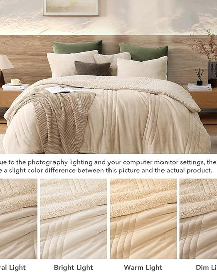 Monbix Fluffy Full Comforter Set Beige, Sherpa Plush Fuzzy Comforter 3 Piece for Full Size Bed, Luxury Soft Winter Warm Bedding Set