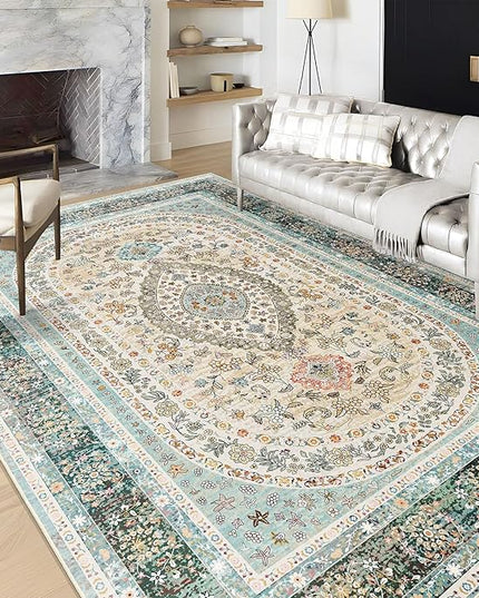 6x9 Area Rugs Washable,Blue Rug for Living Room Bedroom Kitchen,Large Boho Vintage Bohemian Distressed Oriental Carpet Non Slip,Floral