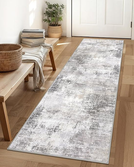 IOHOUZE Abstract Runner Rug 2x6 Ft Washable Runners for Hallways, Non Slip Kitchen Runner Printed Faux Wool Entryway Runner Indoor, Modern Abstract Floor Carpet for Hall Kitchen Bedroom, Grey Beige