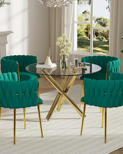 Modern Golden Round Dining Table Set, 36'' Clear Circle Glass Top Dinner Room Set, 5 PCS Luxury Circular Kitchen Table and Green Woven Chairs Set of 4, for Small Apartment Bedroom Leisure