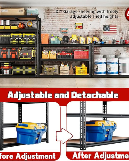 40" W Garage Shelving 2250LBS Storage Shelves Adjustable Metal Shelving 5 Tier Garage Utility Rack Shelf for Warehouse, Pantry, Closet, Kitchen 72.2" H x 40" W x 20" D, Black