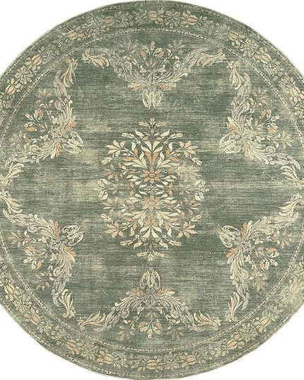 jinchan Round Rug 8ft Area Rugs, Vintage Floral Distressed Design Machine Washable Soft Non-Slip Low-Pile Ultra-Thin Christmas Circle Rug for Living Room Dining Room Home Office (8' Round, Dark Green)