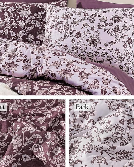 Queen Comforter Set -7 Pieces Floral Dark Purple Comforter Set for All Seasons, Bed in a Bag Queen with Botanical Flowers Comforter, Sheets, Pillowcases & Shams