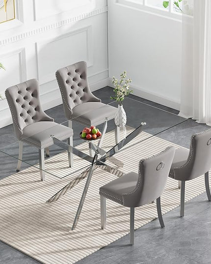 HomVent 5 Piece Rectangular Glass Dining Table Set, Tempered Glass Dinner Table Set for 4 Kitchen Table Set with 4 Velvet Upholstered Chairs for Kitchen Dining Room
