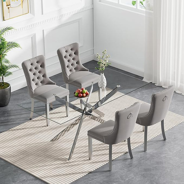 Modern 5-Piece Glass Dining Table Set for 4, Modern 60" Rectangle Silver Glass Dining Room Table Set with Light Grey Velvet Tufted Chairs Wood Legs for Kitchen Dining Room
