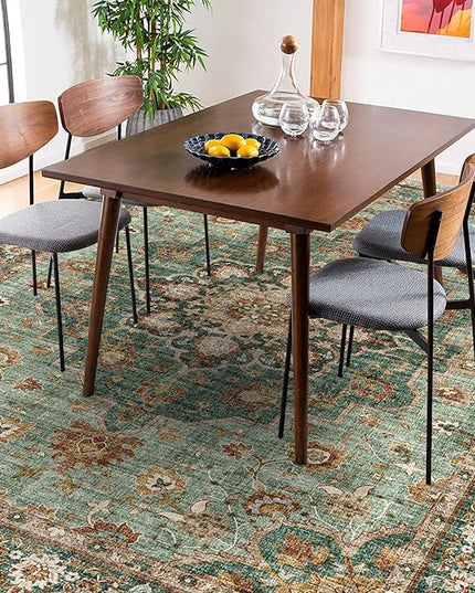 Washable Oriental Area Rug - 9x12 Rugs for Living Room Soft Carpet for Bedroom Waterproof Floral Distressed Indoor Stain Resistant Non-Shedding Floor Carpets (Green, 9x12)