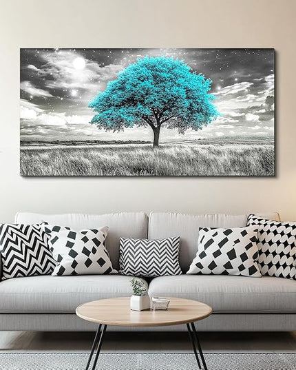 KELIYUAN Large Canvas Wall Art For Living Room Wall Decor For Bedroom Corridor Blue Tree Natural Scenery Full Of Stars Black And White Modern Printing Dining Room Kitchen Home Decoration 30 "X 60"