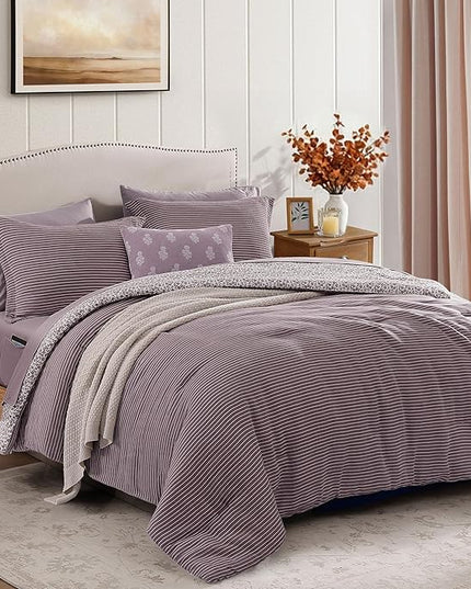 Queen Comforter Set - 7 Pieces Deep Purple Gauze Muslin Bedding Sets for All Seasons, Lightweight Breathable Bed in a Bag Queen with Revesible Farmhouse Comforter, Sheets, Pillowcases & Shams
