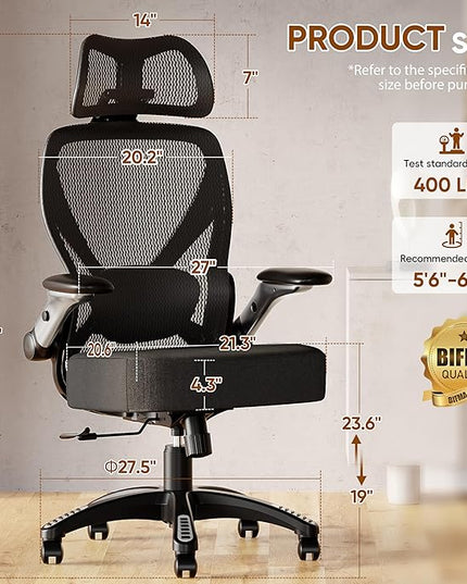 GABRYLLY Ergonomic Office Chair, Home Mesh Desk Chair with Adjustable Lumbar Support, 5D Arms & Wide Seat, 135° Recline Big and Tall Computer Chairs for Work Gaming, Heavy Duty,300LBS