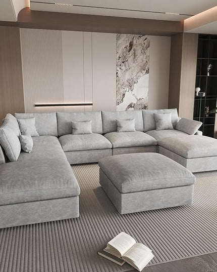 WJShome Cloud Couch for LivingRoom,190" U Shaped Modular Sectional Sofa with Ottoman,Down Filled 9 Seater Convertible Sleeper Sofa Bed Oversized Furniture Sets,Gray