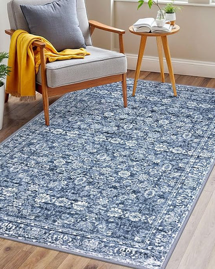 3x5 Washable Area Rug for Entrance, Blue Soft Distressed Floral Rug with Non-Slip, Low-Pile Vintage Area Rugs for Office Entryway Bedroom, Non-Shedding Carpet for Boys Dorm