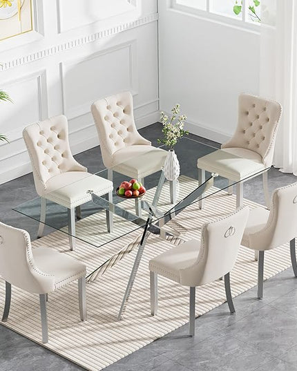 HomVent 7 Piece Rectangular Glass Dining Table Set, Tempered Glass Dinner Table Set for 6 Kitchen Table Set with 6 Velvet Upholstered Chairs for Kitchen Dining Room