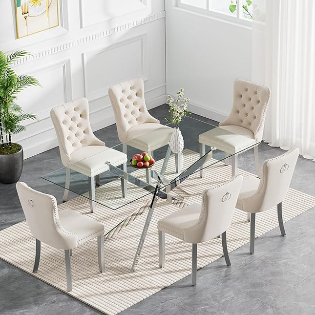 Modern 7-Piece Glass Dining Table Set for 6, Modern 60" Rectangle Silver Glass Dining Room Table Set with Milk White Velvet Tufted Chairs Wood Legs for Kitchen Dining Room