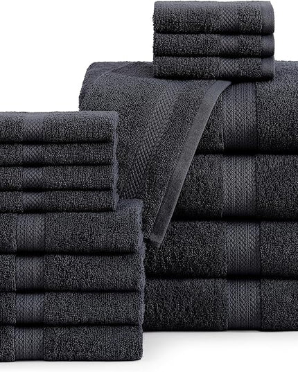 LANE LINEN 100% Cotton Luxury Towel Set for Bathroom - 16 Pieces, Ring Spun - Super Plush, Very Soft & Absorbent - 4 Bath Towels, 8 Washcloths, 4 Hand Towels - Suitable for All Skin Types - Black