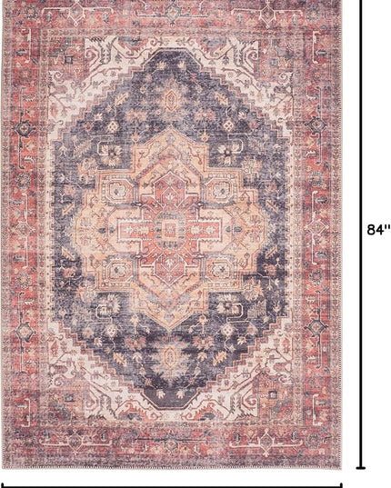 GLN Rugs Traditional Collection - Machine Washable Area Rug, Traditional Washable, Non Slip, Low Pile Chenille Rug, Living Room, Bedroom, Kitchen Rug (5'x7' Black/Terra)