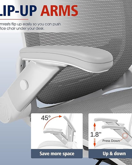 GABRYLLY Ergonomic Office Chair, High Back Home Desk Chair with Headrest, Flip-Up Arms, 90-120° Tilt Lock and Wide Cushion, 400LBS Mesh Chairs for Man Woman, White Task Chair(Dark Grey,GY01WDG)