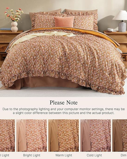 Queen Comforter Set - 7 Pieces Ruffle Brown Bedding Sets, Shabby Chic Farmhouse Bed in a Bag with Ruffle Comforter, Sheets, Pillowcases & Shams