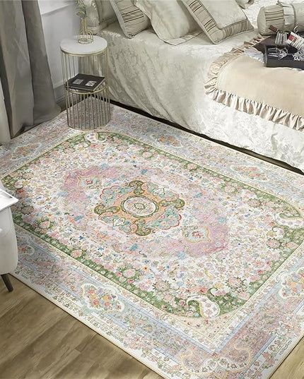 Pink Rug 4'x6.5',Washable Area Rugs for Bedroom Living Room Kitchen Entryway,Small Boho Vintage Bohemian Distressed Non Slip Carpet,Blush Green