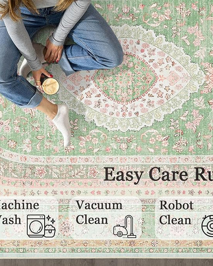 Green Rug 4x6.5,Washable Area Rugs for Bedroom Living Room Kitchen Entryway,Small Boho Vintage Bohemian Distressed Oriental Non Slip Carpet,Sage Blush Floral