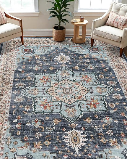Washable Oriental Area Rug - 7x9 Rugs for Living Room Soft Carpet for Bedroom Waterproof Floral Distressed Indoor Stain Resistant Non-Shedding Floor Carpets (Blue/Teal/Orange, 7x9)