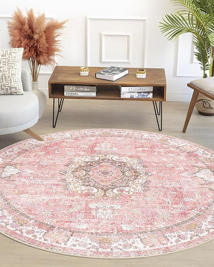 Pink Round Rug 5ft, Circle Boho Area Rugs for Bedroom Living Room Bedside,Washable Vintage Bohemian Distressed Oriental Floral Carpet Non Slip,Blush Floral Flowers