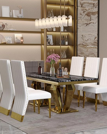 7 Piece Dining Table Set for 6, 78 inch Gold Dining Room Table Set with 6 White Leather Dining Chairs