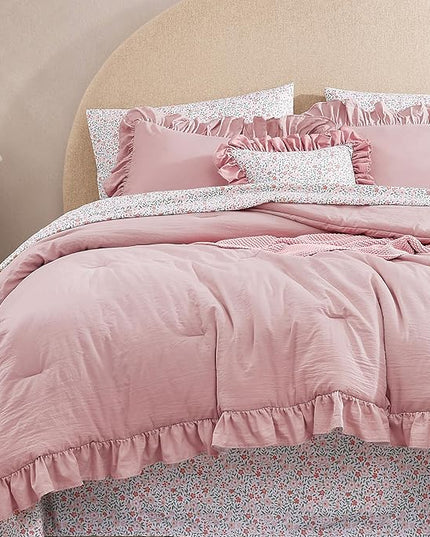 Full Comforter Set - 7 Pieces Ruffle Soft Pink Bedding Sets, Shabby Chic Farmhouse Bed in a Bag Full with Ruffle Comforter, Floral Sheets, Pillowcases & Shams