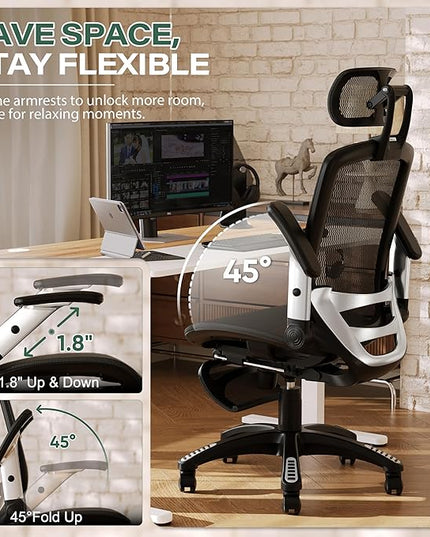 GABRYLLY Ergonomic Office Chair with Footrest, High Back Home Desk Chair - 3D Headrest, Flip-Up Arms, 135° Tilt and Wide Cushion, Heavy Duty Mesh Chairs for Task Computer Gaming,GYB01-FT
