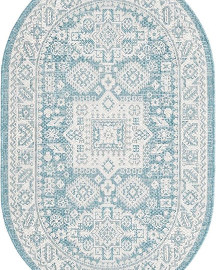 Rugs.com Outdoor Aztec Collection Rug – 3' x 5' Oval Aqua Flatweave Rug Perfect for Living Rooms, Large Dining Rooms, Open Floorplans