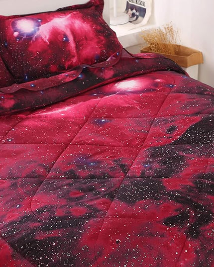 Wowelife Galaxy Bedding Twin Space Bedding Set Red 5 Piece Twin Comforter Set with Comforter, Fitted Sheet and 2 Pillowcases