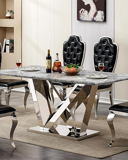 70 Inch Modern Rectangular Dining Table for 6, Faux Marble Top with Mirrored Stainless Steel Base, Large Kitchen Table for Dining Room, Living Room, Office, Conference, (Table Only) (Silver + Grey)