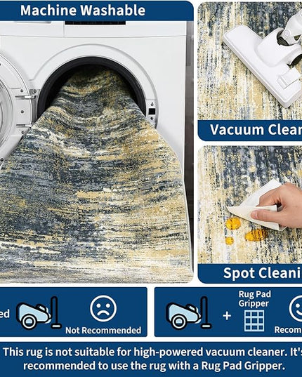 Washable Rug 9x12 Area Rug for Living Room, Non Slip Abstract Rug for Bedroom, Ultra Soft Area Rug, Low Pile Soft Contemporary Indoor Floor Carpet Cover, Yellow/Black