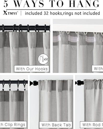 XTMYI Gray Curtains 96 Inches Long,Sheer Linen Back Tab Hooks Pleat Light Weight Modern Stylish Curtains for Living Room 96 Inch Length 2 Panel Set,Grey