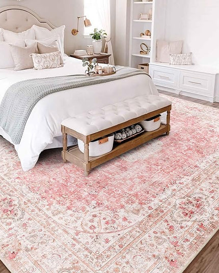 8x10 Area Rugs Washable,Pink Rug for Living Room Bedroom Dining Room,Large Boho Vintage Bohemian Distressed Carpet Non Slip,Blush