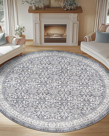 jinchan Round Rug 8ft Washable Circle Soft Rug - Low Pile Vintage 8'Round Indoor Grey Floral Print Stain Resistant Boho Carpet Ultra-Thin Non-Slip for Living Room Bedroom Dining Room Kitchen
