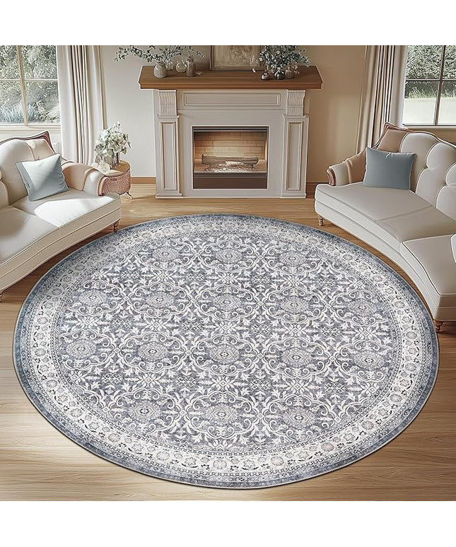 jinchan Round Rug 7ft Washable Circle Soft Rug - Low Pile Vintage 7'Round Indoor Grey Floral Print Stain Resistant Boho Carpet Ultra-Thin Non-Slip for Living Room Bedroom Dining Room Kitchen