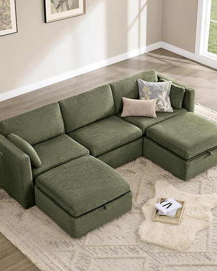 CHITA Oversized Modular Cloud Sectional Fabric Sofa Set, FSC Certified U Shaped Couch Reversible Chaise Modular Sectional,112 inch Width,5 Seat Modular Sofa Includes 2 Storage Ottomans, Moss Green