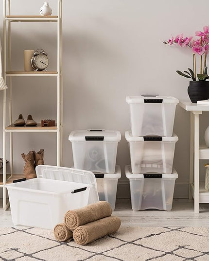 IRIS USA 32 Qt Stackable Plastic Storage Bins with Lids, 6 Pack - BPA-Free, Made in USA - Discreet Organizing Solution, Latches, Durable Nestable Containers, Secure Pull Handle - Pearl