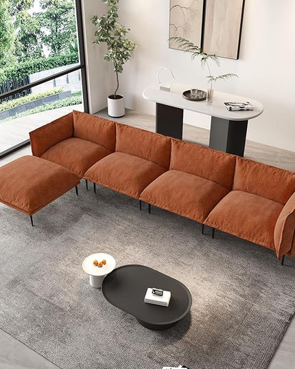 WJShome 147" Modern L-Shaped Couch for Living Room,Velvet Modular Sectional Sofa with Chaise,4-Seater Sofa with 1 Ottomans with Removable Cushions and 8" High Metal Legs, Easy to Clean, Terracotta