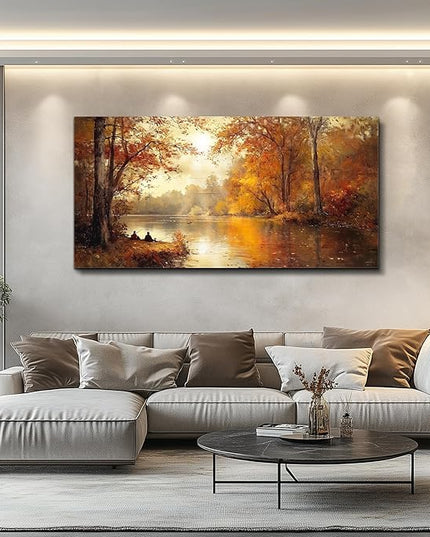 FUHAIHUA Canvas Wall Art For Living Room Large Wall Decor For Bedroom Aesthetics Office Wall Decoration Saffron Yellow Tree Landscape Painting Forest Picture Artwork Ready To Hang Home Decor 24"X48"